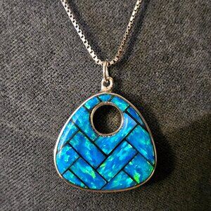 Vintage Native American Signed Blue Opal Inlay Sterling Silver Pendant w/ Chain